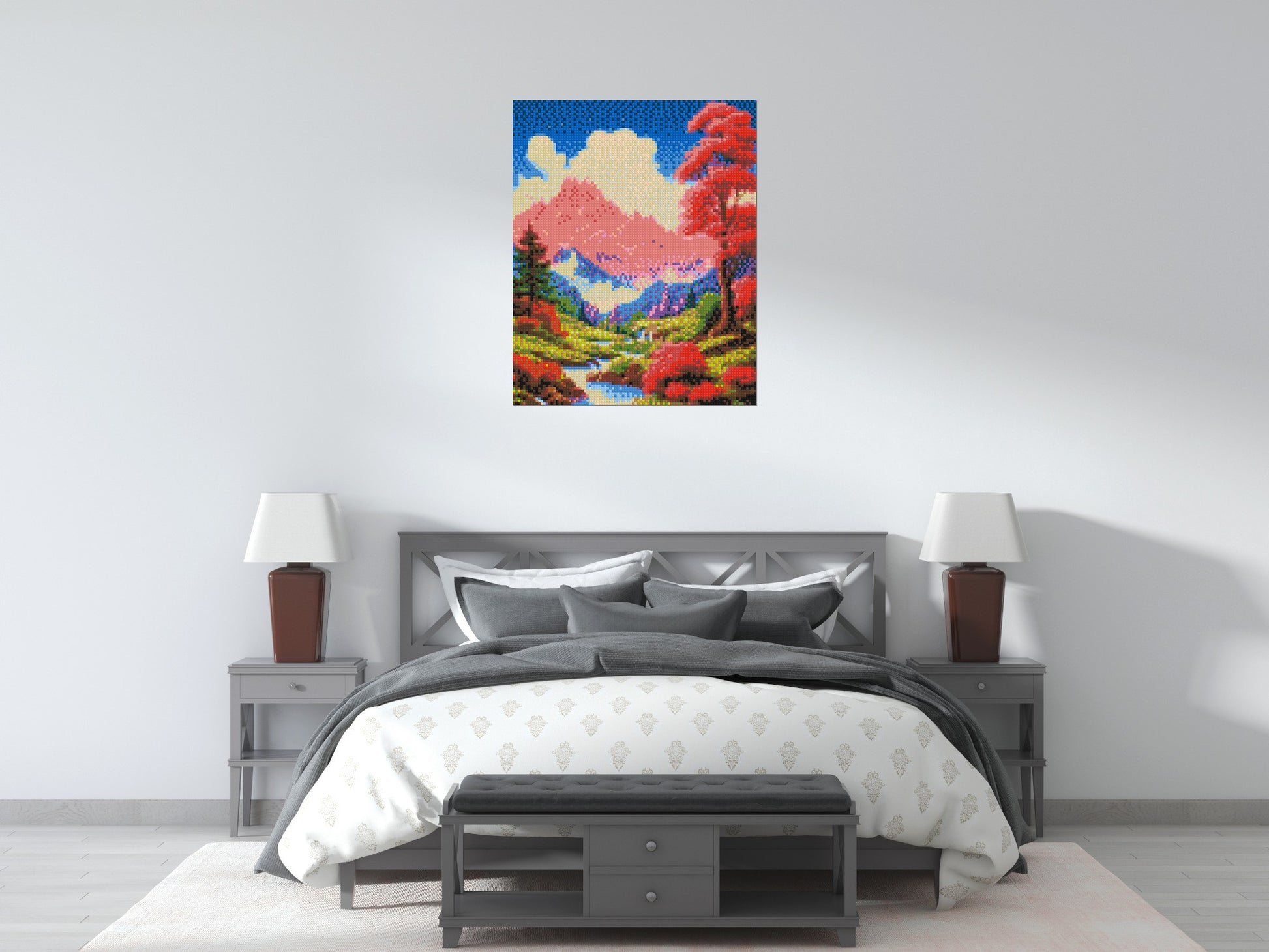 Pink Mountain Peaks and Cascading Waterfall Illustration - Brick Art Mosaic Kit 4x5 scene