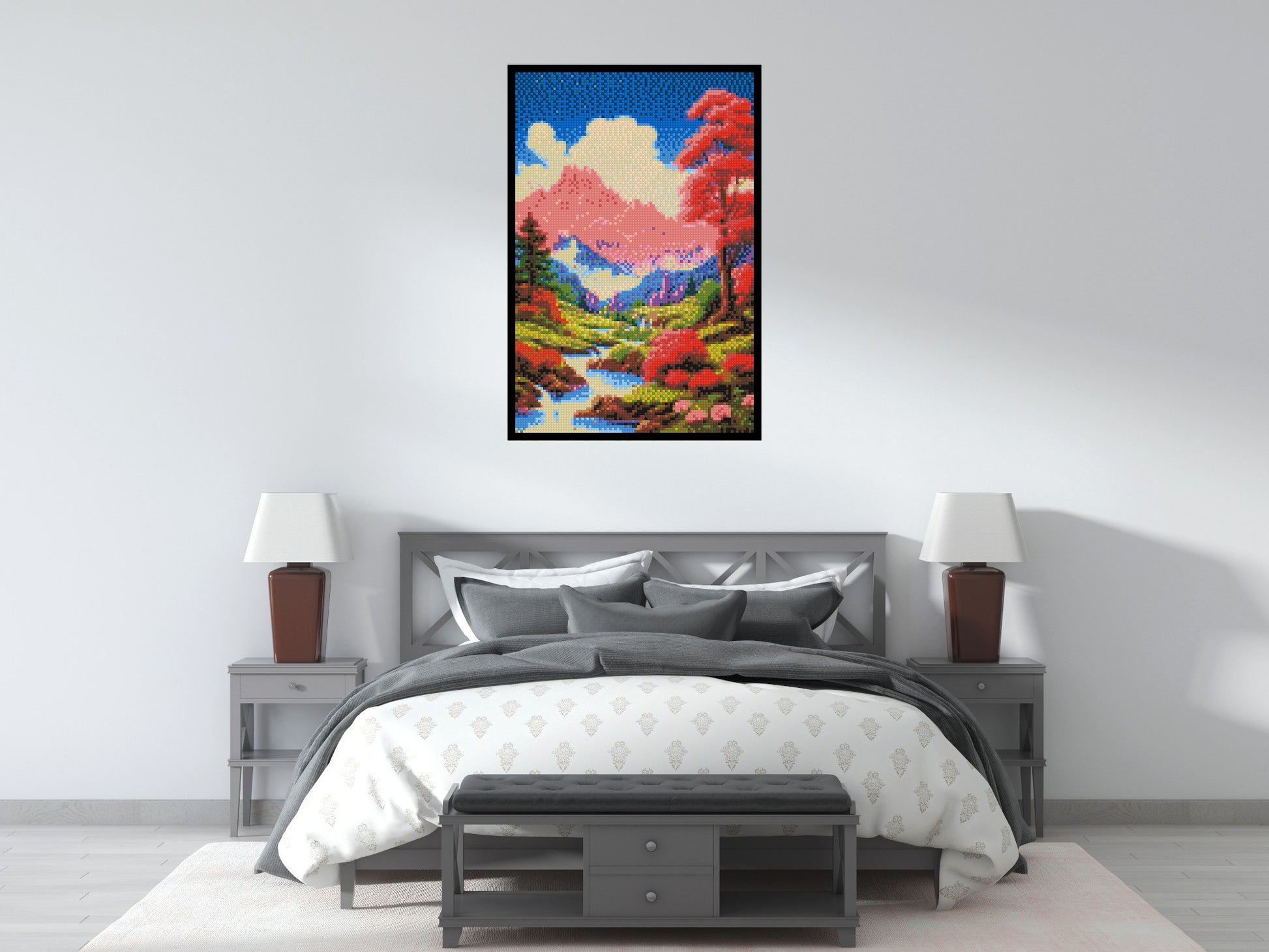 Pink Mountain Peaks and Cascading Waterfall Illustration - Brick Art Mosaic Kit 4x6 scene with frame