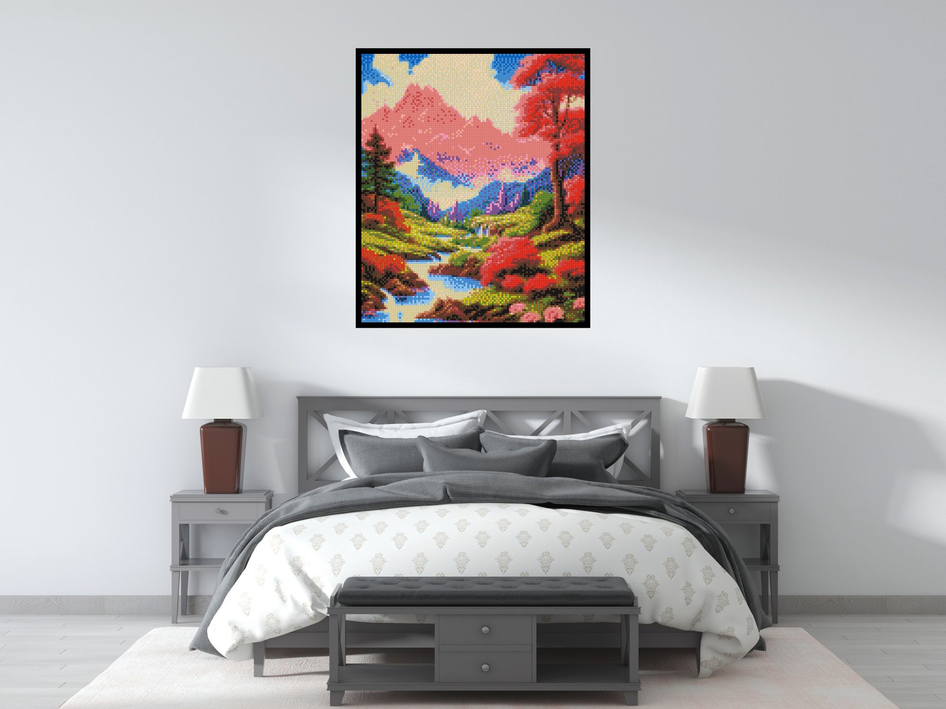 Pink Mountain Peaks and Cascading Waterfall Illustration - Brick Art Mosaic Kit 5x6 scene with frame