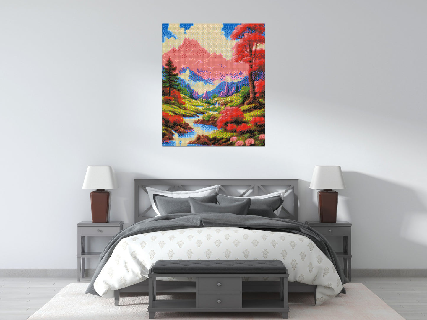 Pink Mountain Peaks and Cascading Waterfall Illustration - Brick Art Mosaic Kit 5x6 large