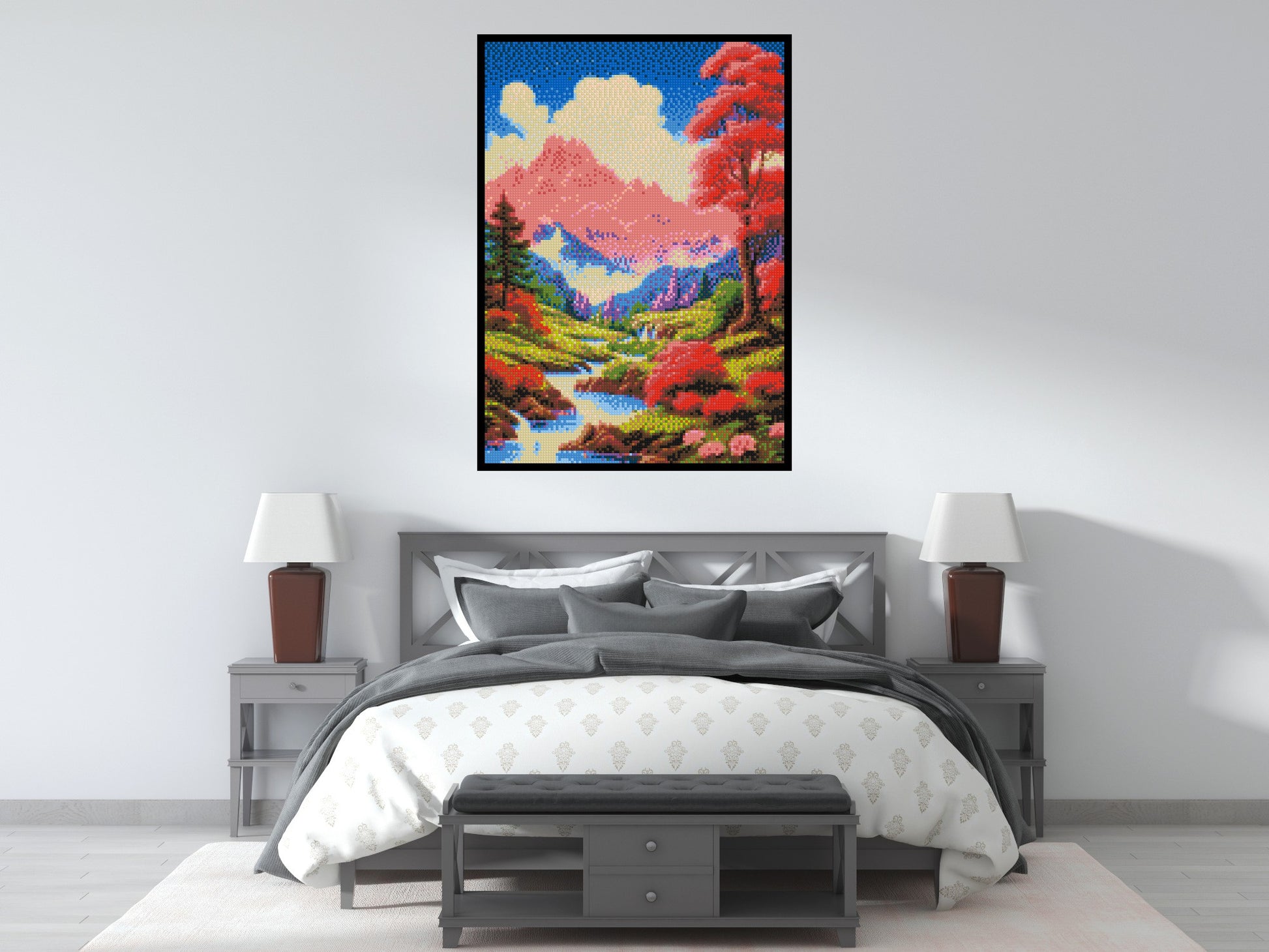 Pink Mountain Peaks and Cascading Waterfall Illustration - Brick Art Mosaic Kit 5x7 scene with frame
