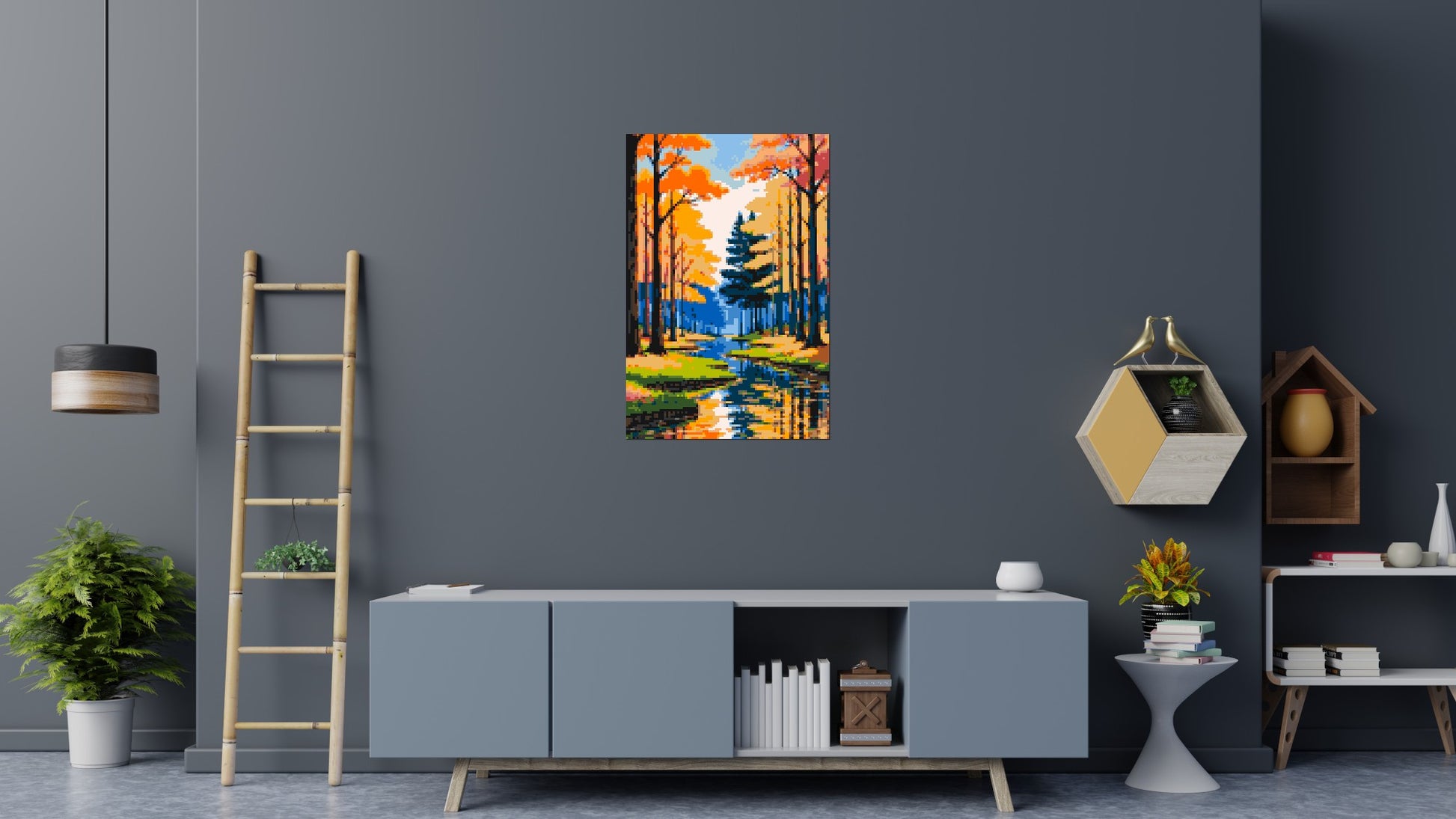 Autumn Forest River Reflection Illustration - Brick Art Mosaic Kit 4x6 scene