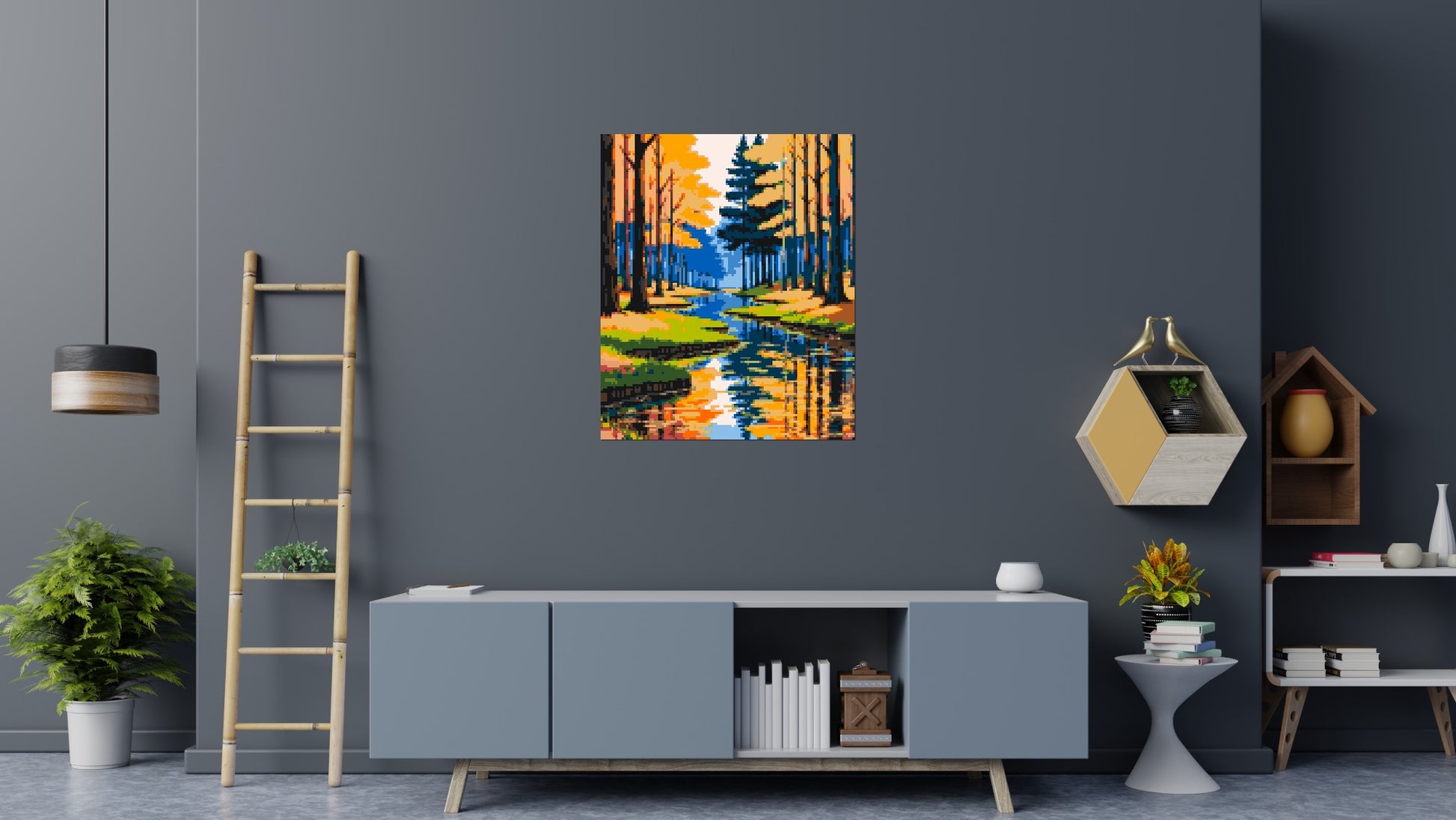 Autumn Forest River Reflection Illustration - Brick Art Mosaic Kit 5x6 scene