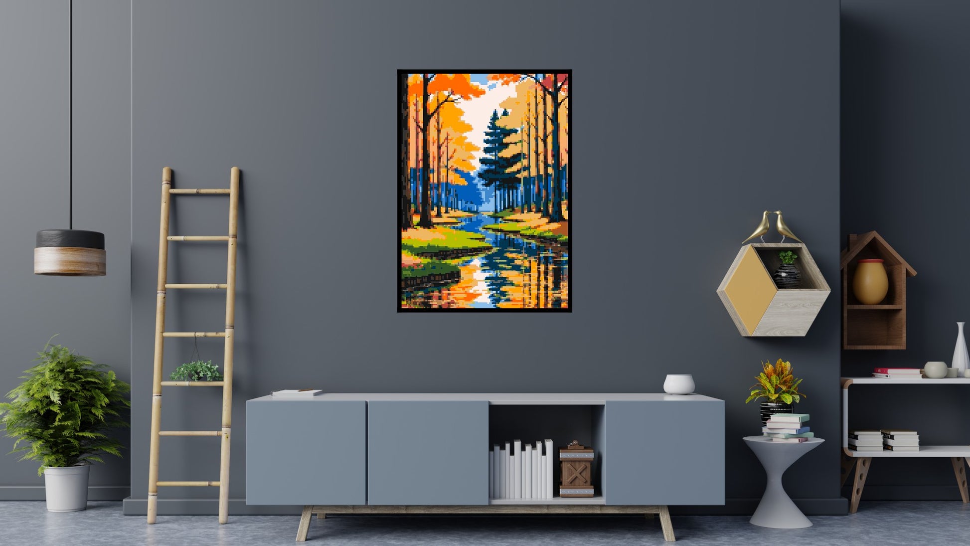 Autumn Forest River Reflection Illustration - Brick Art Mosaic Kit 5x7 scene with frame