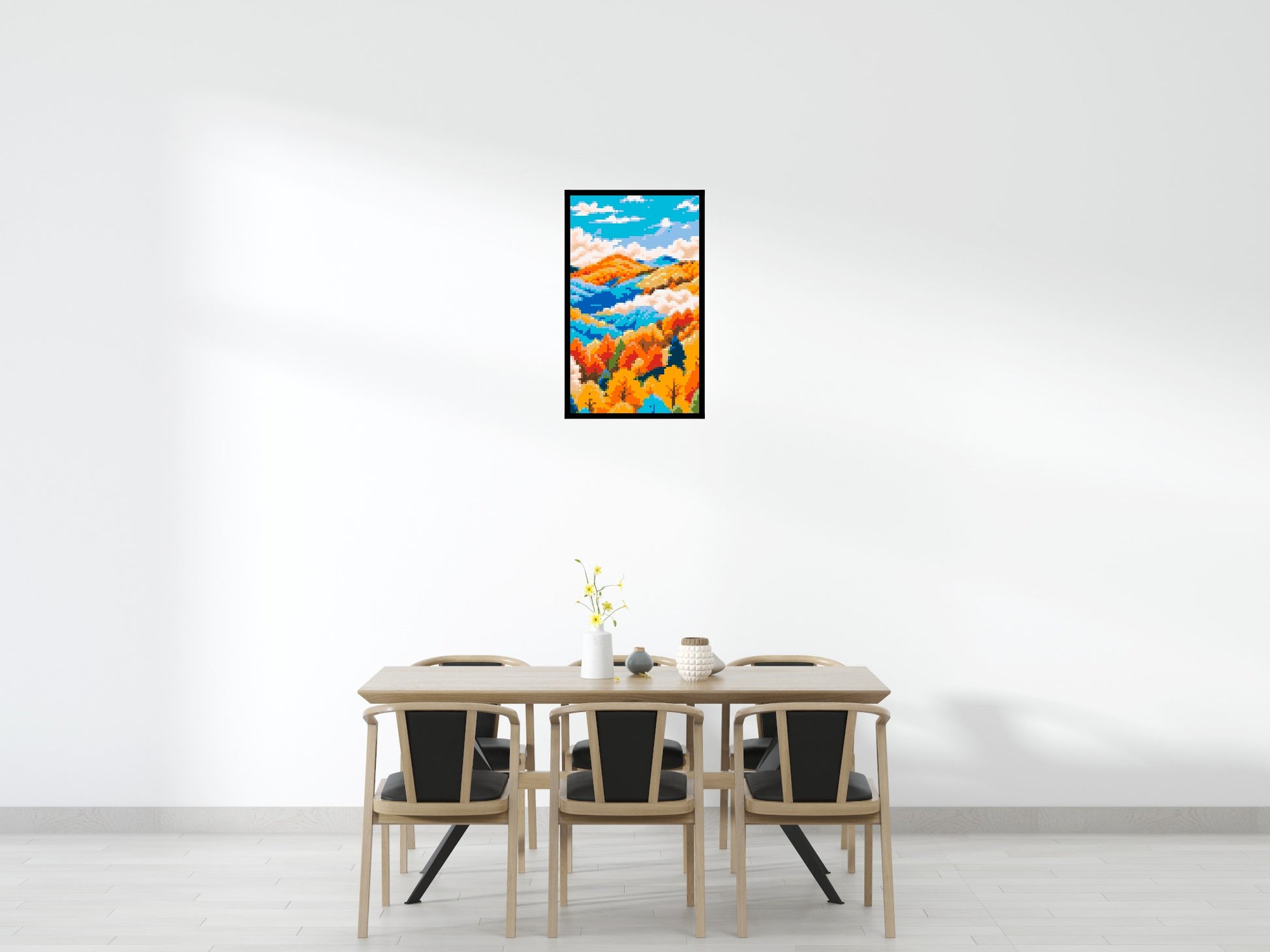 Vibrant Autumn Mountain Forest Illustration - Brick Art Mosaic Kit 3x5 scene with frame