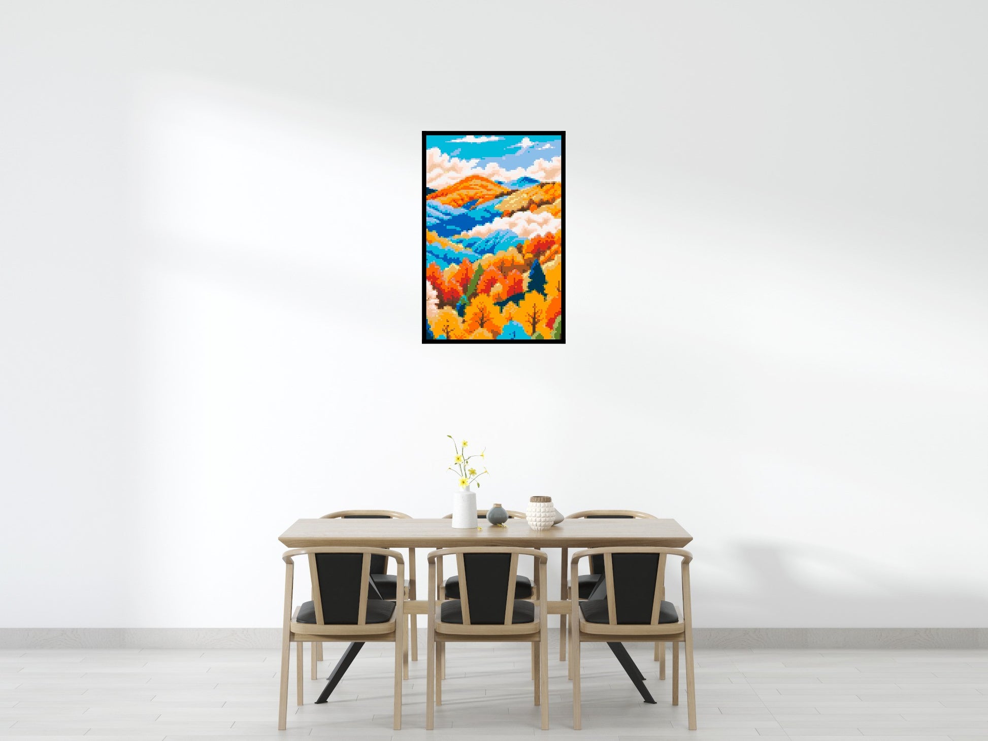 Vibrant Autumn Mountain Forest Illustration - Brick Art Mosaic Kit 4x6 scene with frame