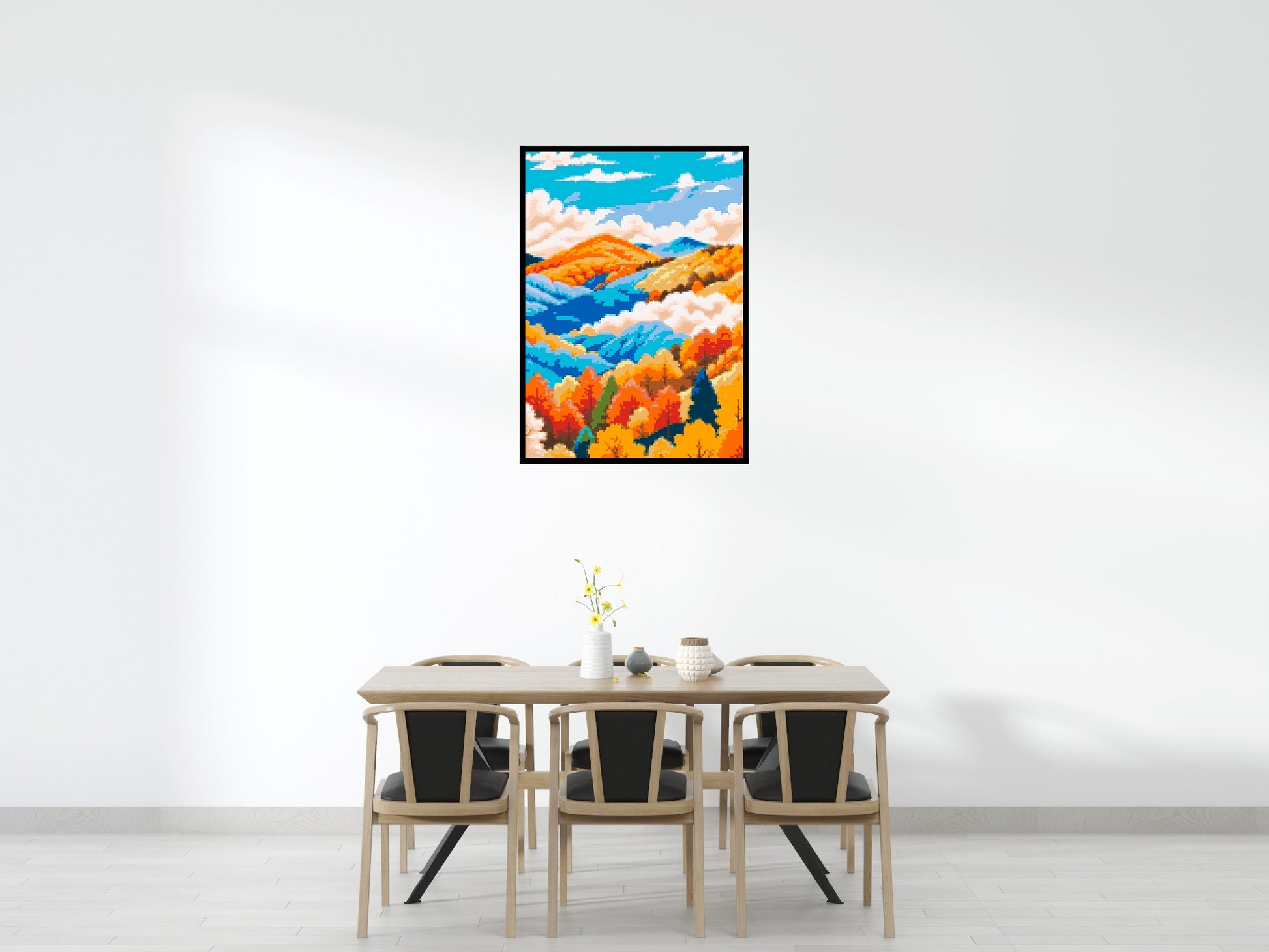 Vibrant Autumn Mountain Forest Illustration - Brick Art Mosaic Kit 5x7 scene with frame