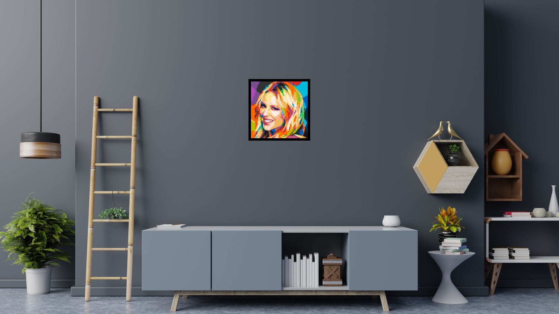 Kylie Minogue Portrait Geometric Pop Art - Brick Art Mosaic Kit 3x3 scene with frame