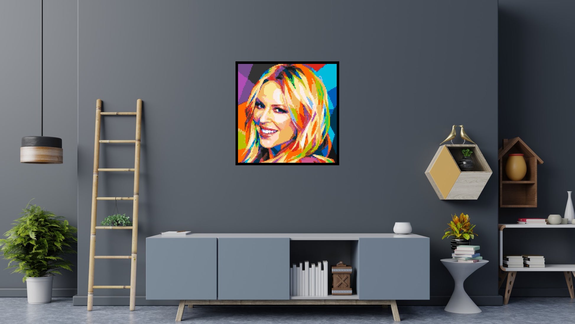 Kylie Minogue Portrait Geometric Pop Art - Brick Art Mosaic Kit 5x5 scene with frame