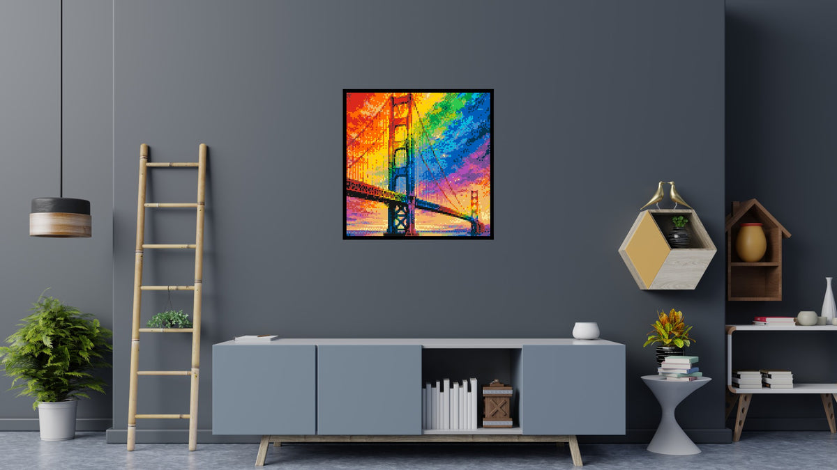San Francisco Golden Gate Bridge Vibrant Post-Impressionist - Brick Art Mosaic Kit 5x5 scene with frame