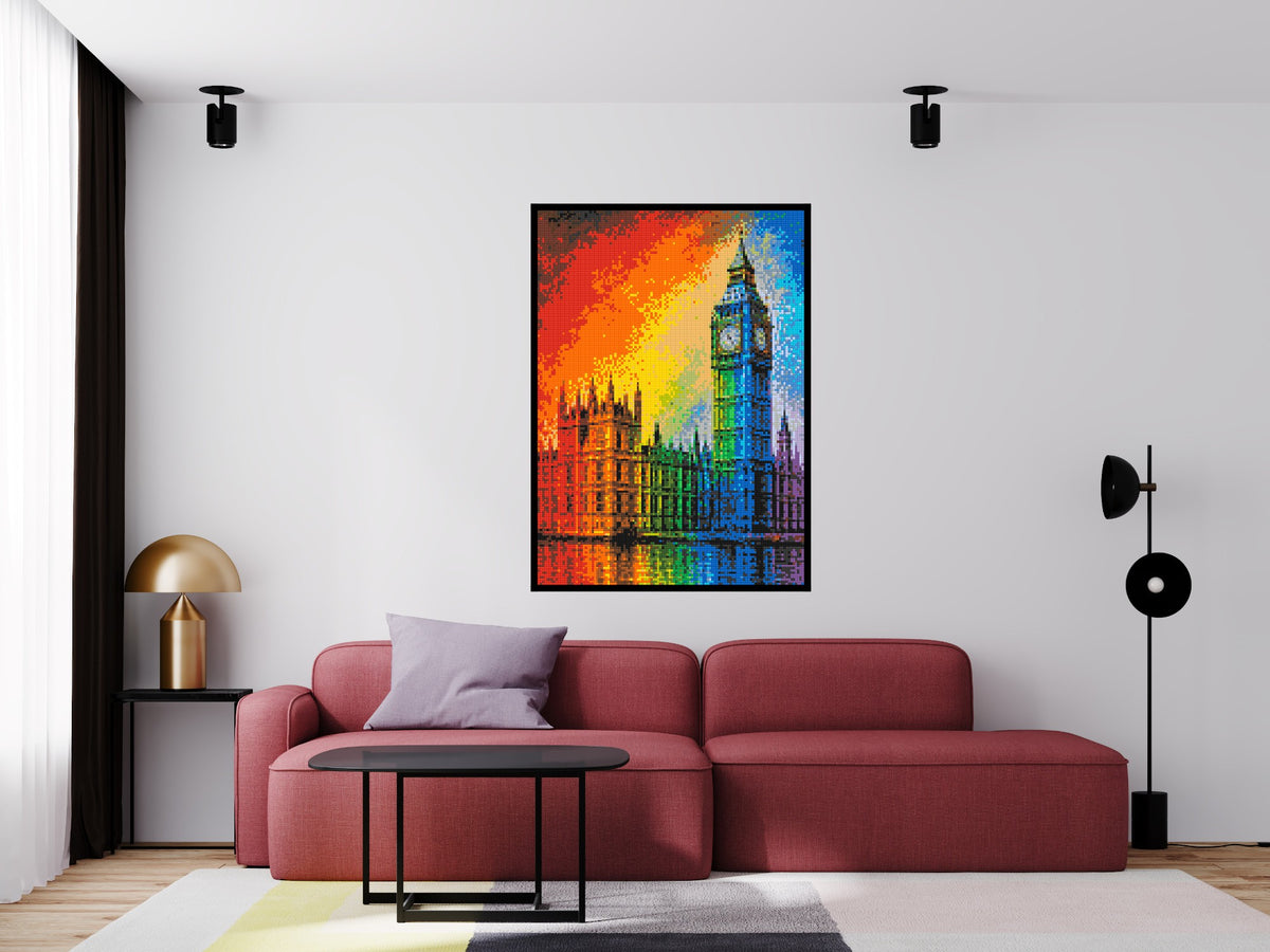 London's Big Ben Vibrant Post-Impressionist - Brick Art Mosaic Kit 5x7 scene with frame