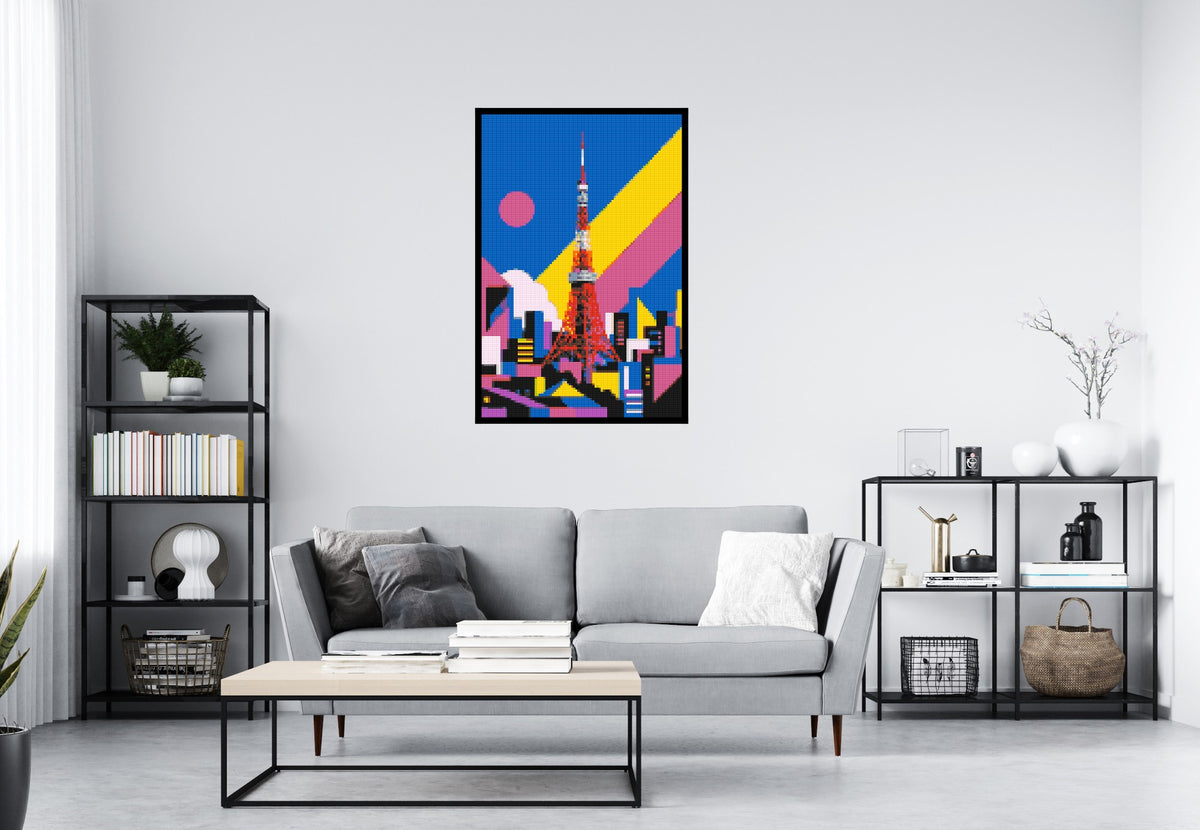 Tokyo Tower Geometric Pop Art - Brick Art Mosaic Kit 4x6 scene with frame