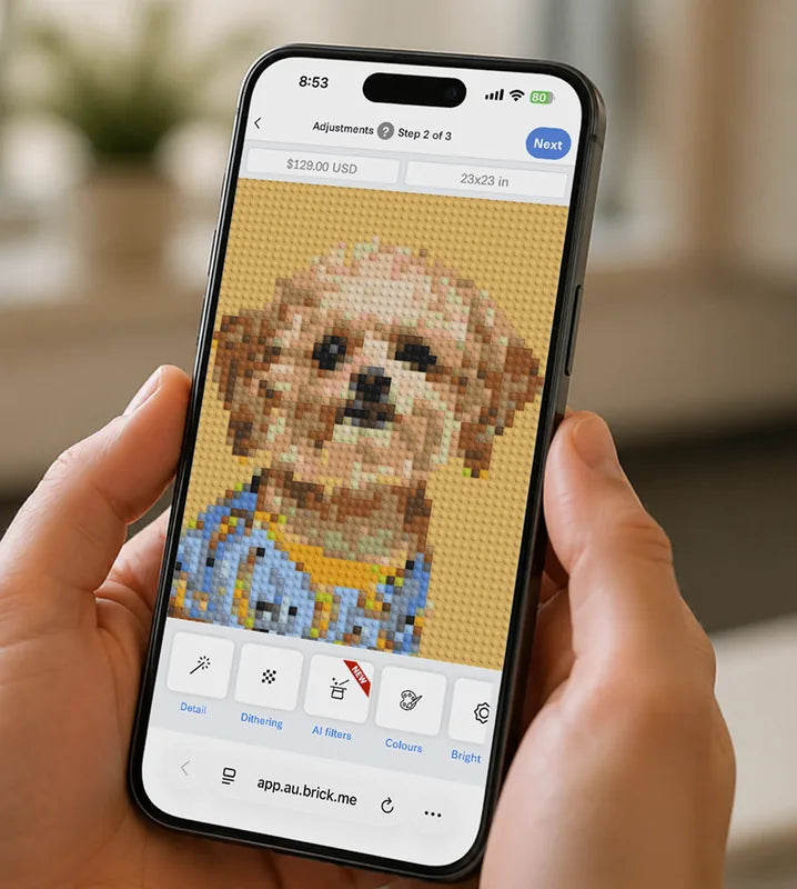 A gift recipient designing their own brick mosaic in the Brick Me app on a phone